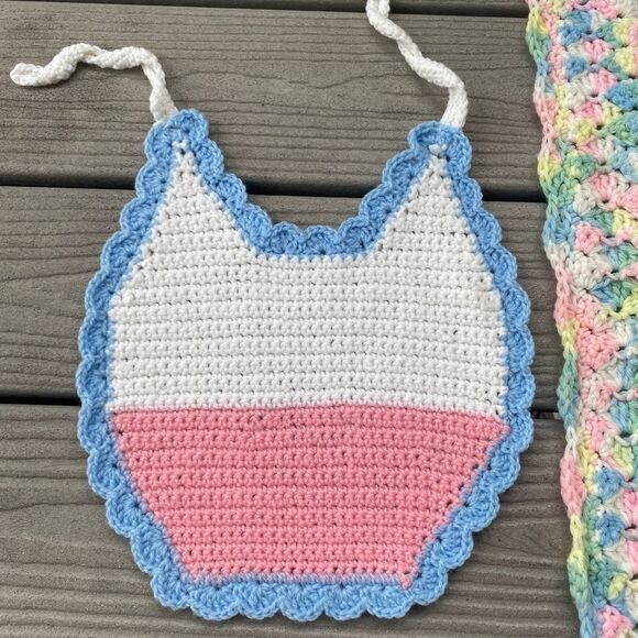 Vintage Crochet Afghan Baby Crib Blanket and Bib Handmade Pink Blue White - Picture 2 of 9